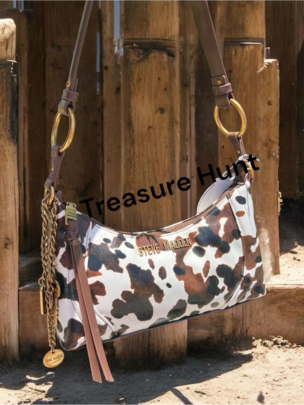 🤎 Steve Madden cow print baguette shoulder bag w/bag charms